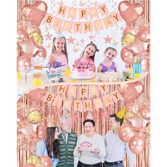 Rose Gold Birthday Party Decorations Banner Balloons Curtain Backdrop Set - Picture 3 of 7